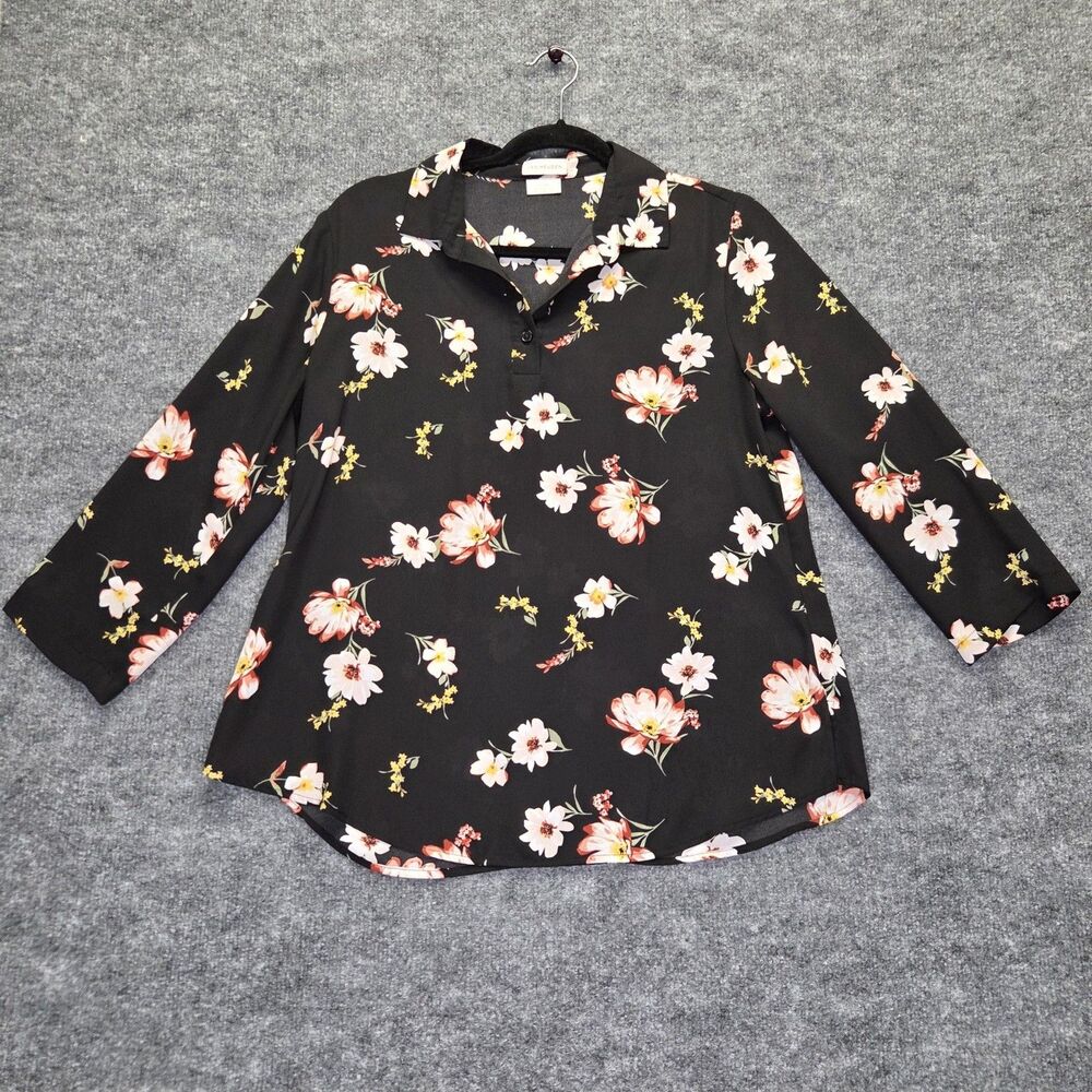 Van Heusen Shirt Womens Small Black Floral Button Up Blouse 3/4 Sleeve Polyester